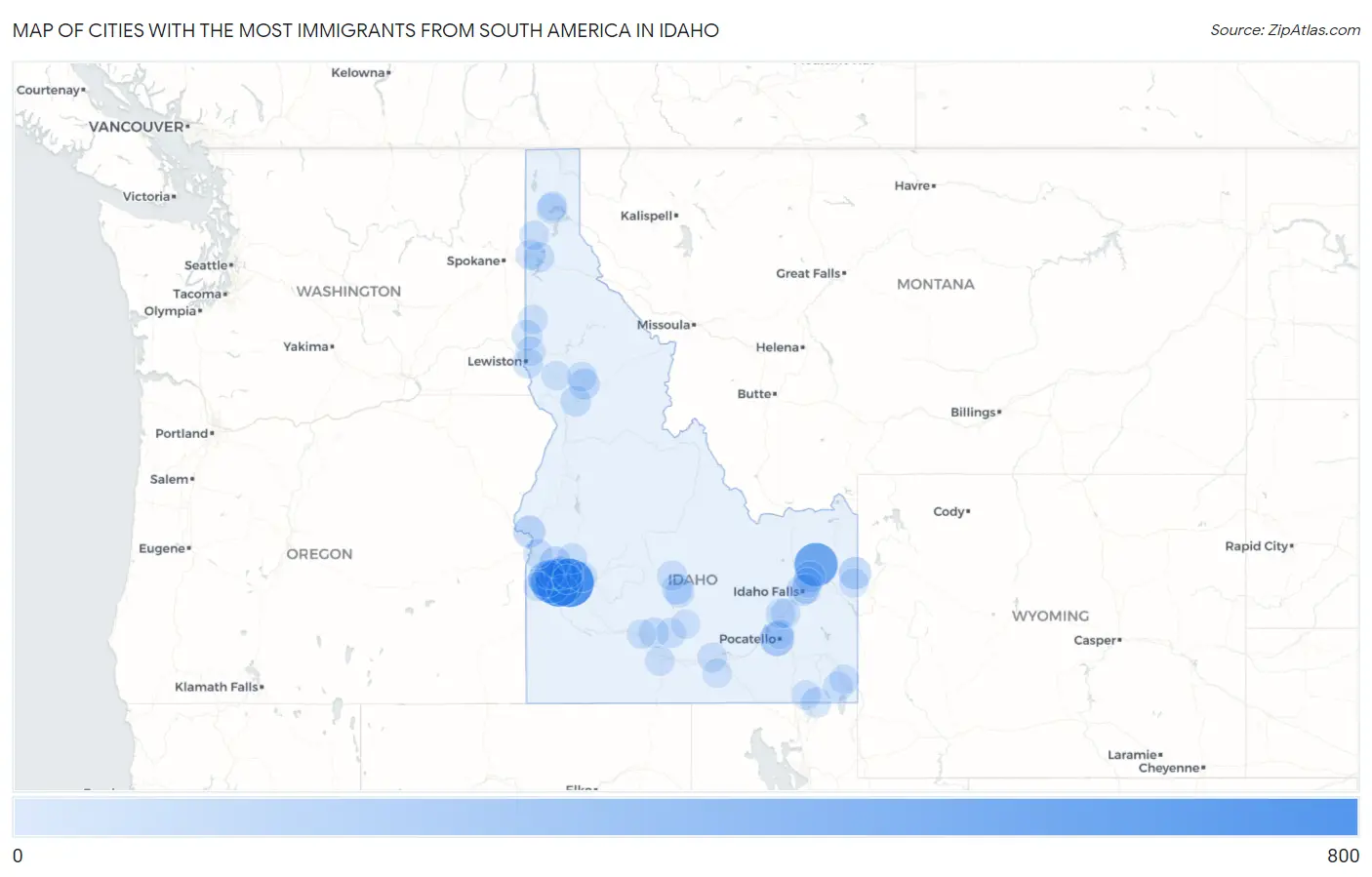 Cities with the Most Immigrants from South America in Idaho Map