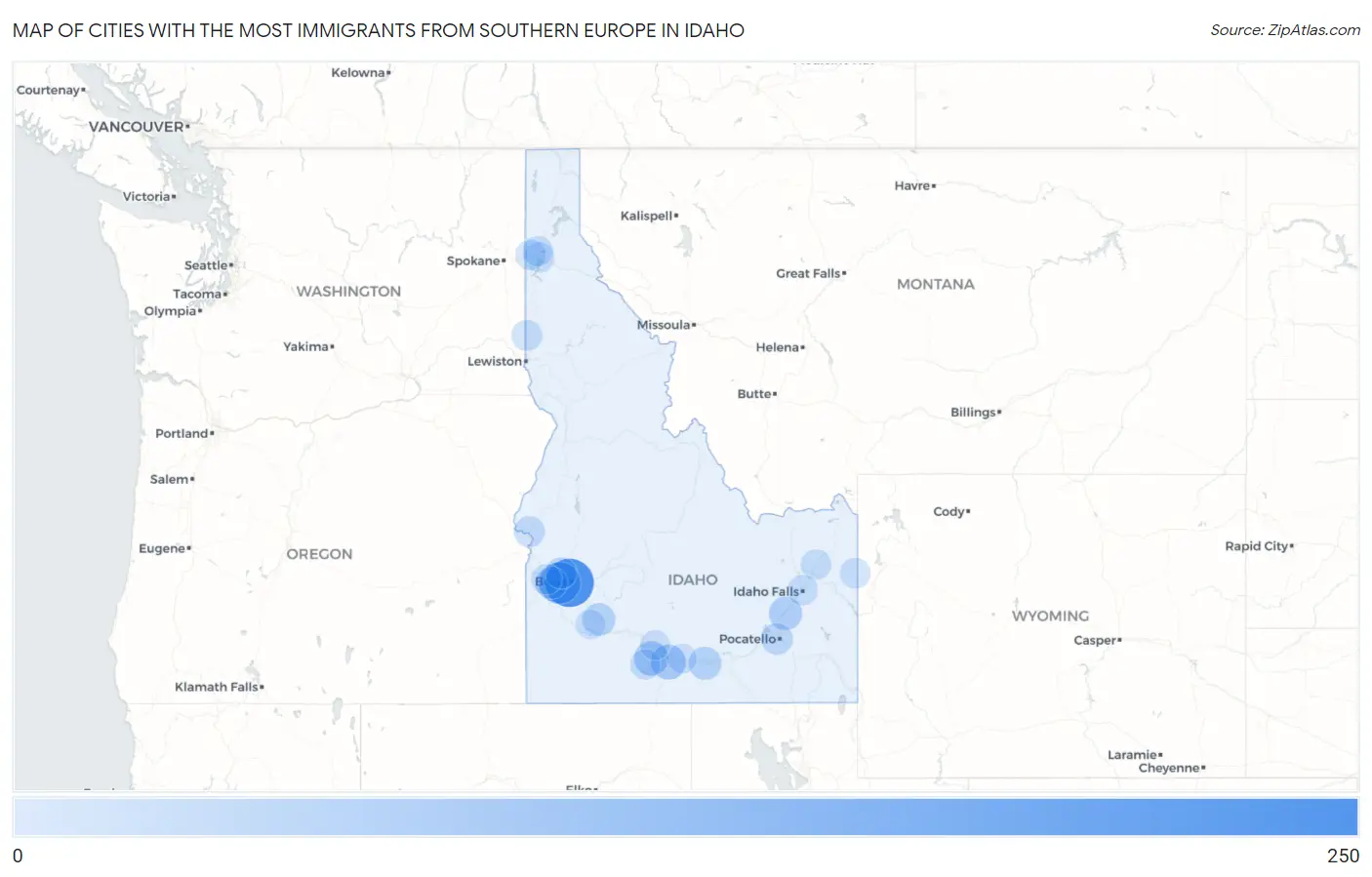 Cities with the Most Immigrants from Southern Europe in Idaho Map
