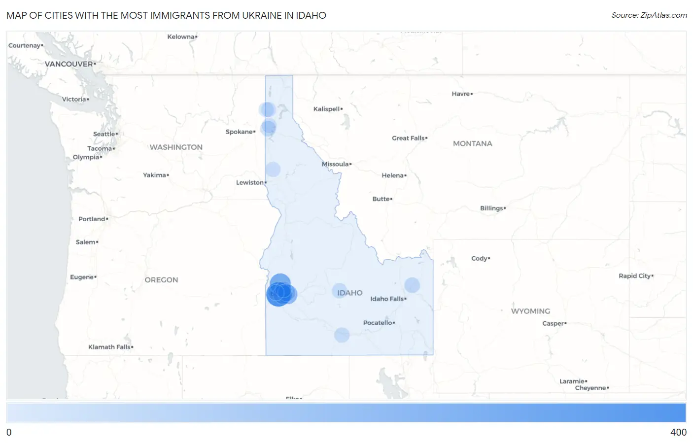 Cities with the Most Immigrants from Ukraine in Idaho Map