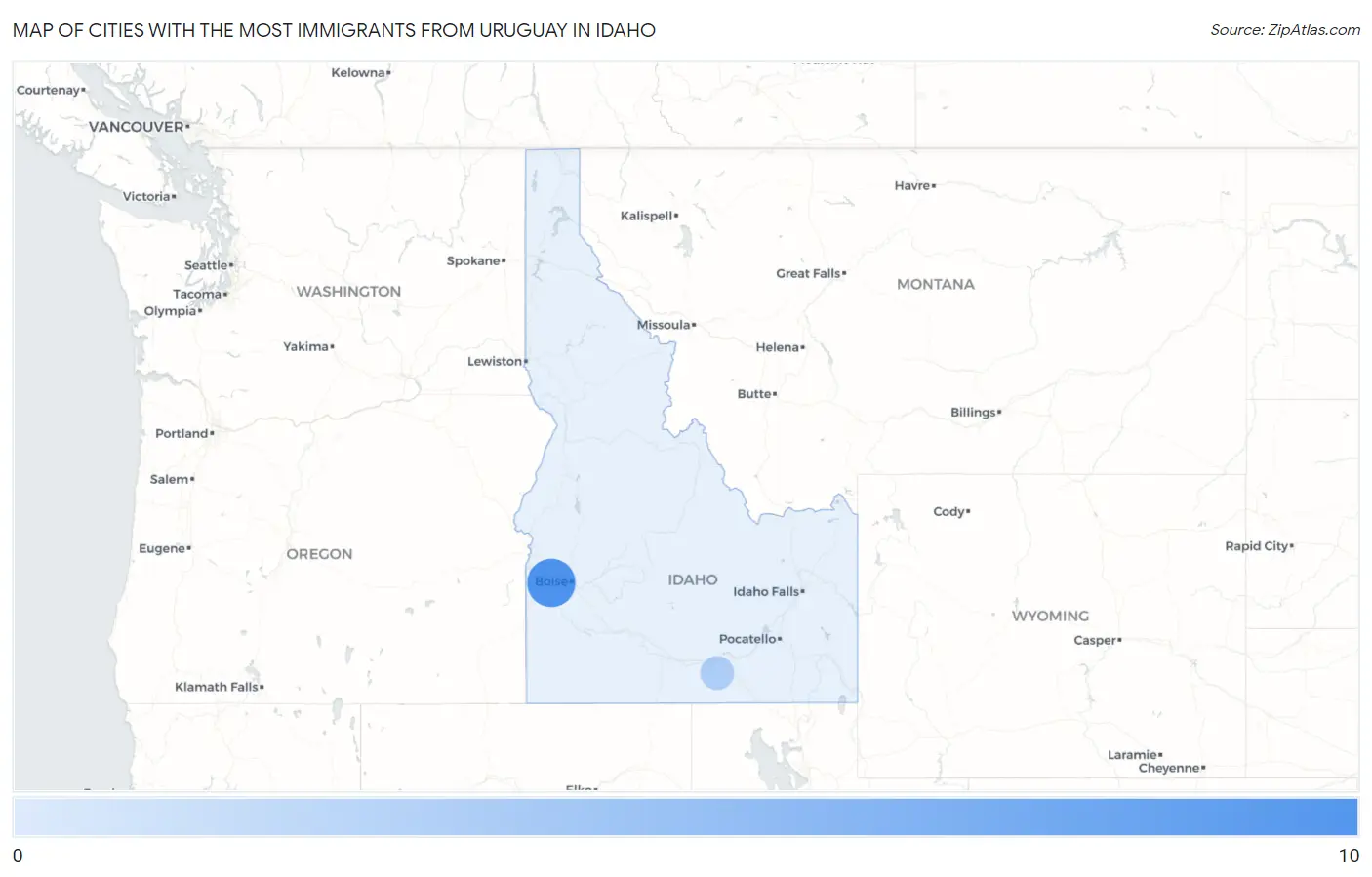 Cities with the Most Immigrants from Uruguay in Idaho Map