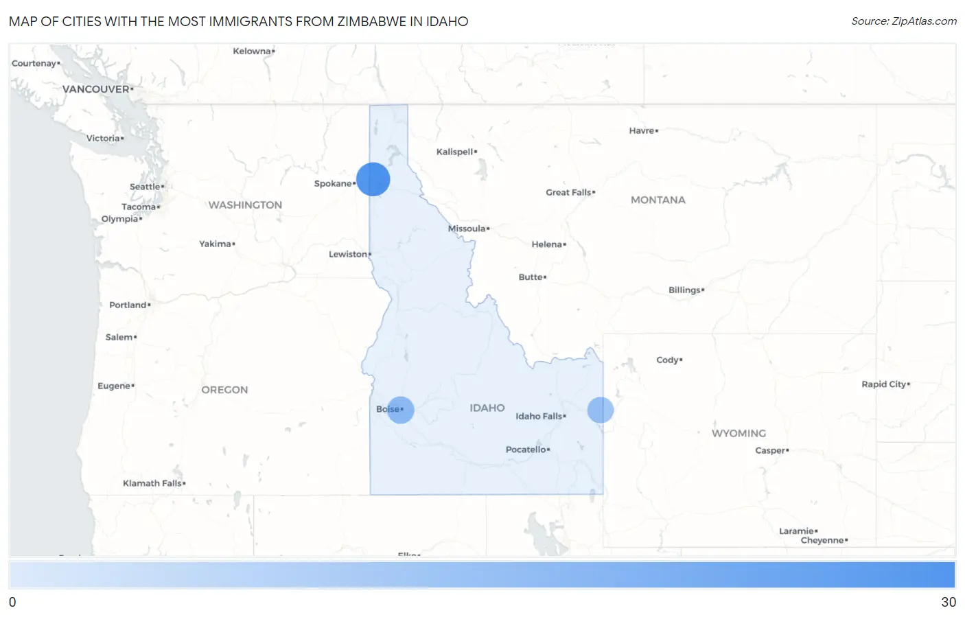 Cities with the Most Immigrants from Zimbabwe in Idaho Map