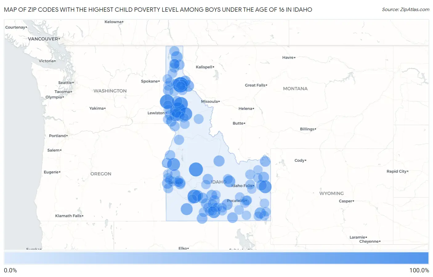 Zip Codes with the Highest Child Poverty Level Among Boys Under the Age of 16 in Idaho Map