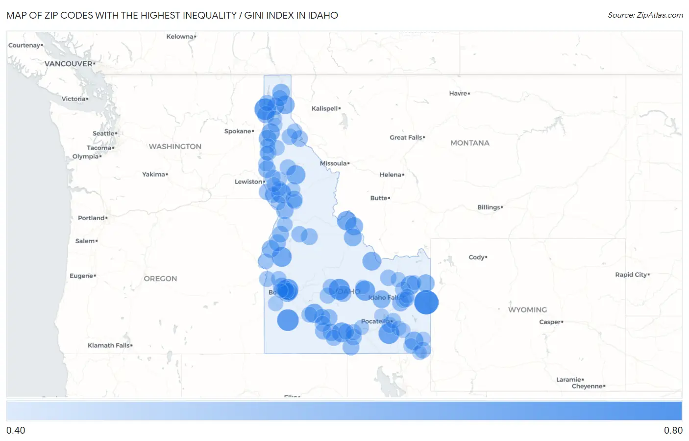 Zip Codes with the Highest Inequality / Gini Index in Idaho Map