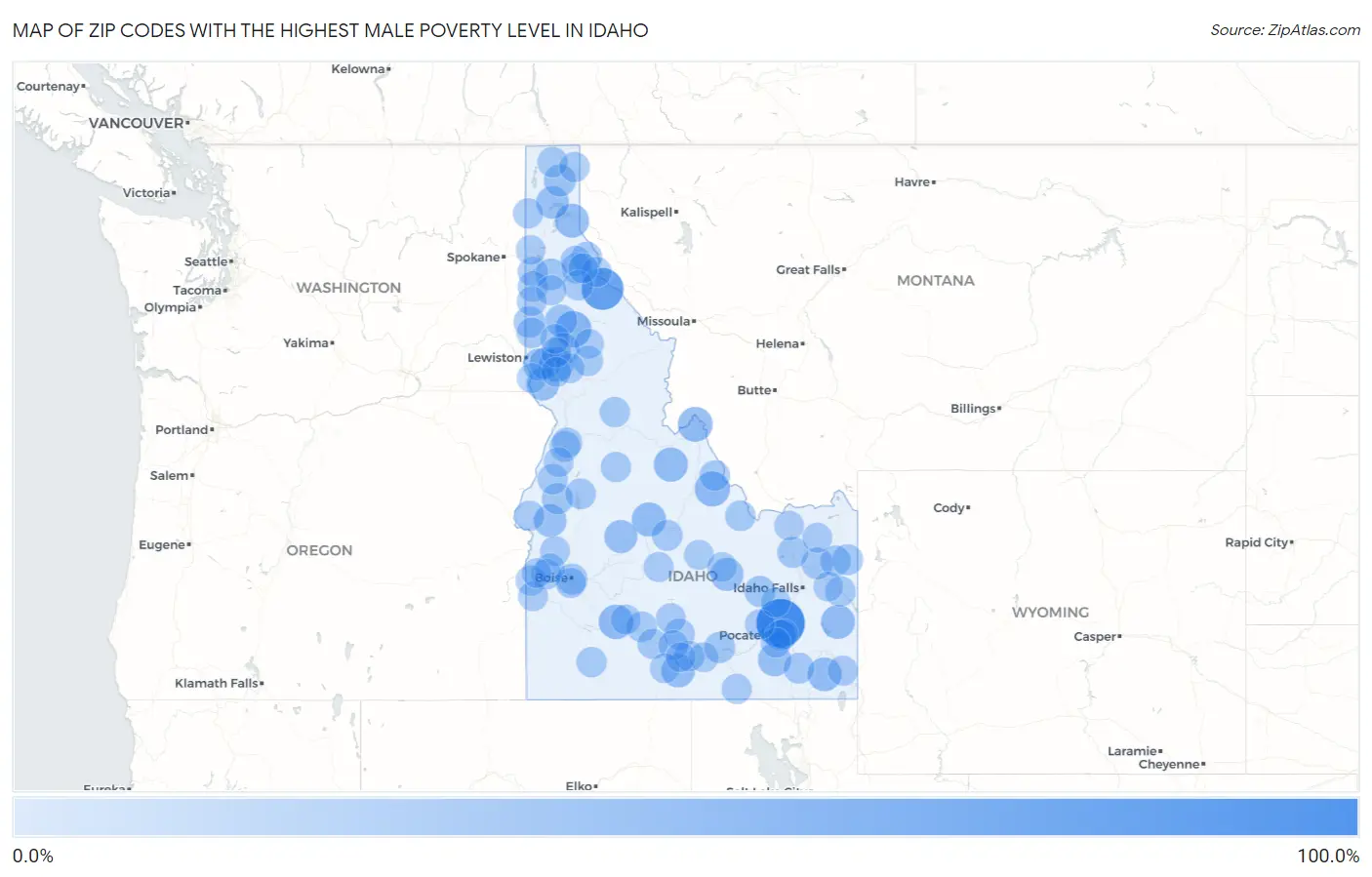Zip Codes with the Highest Male Poverty Level in Idaho Map