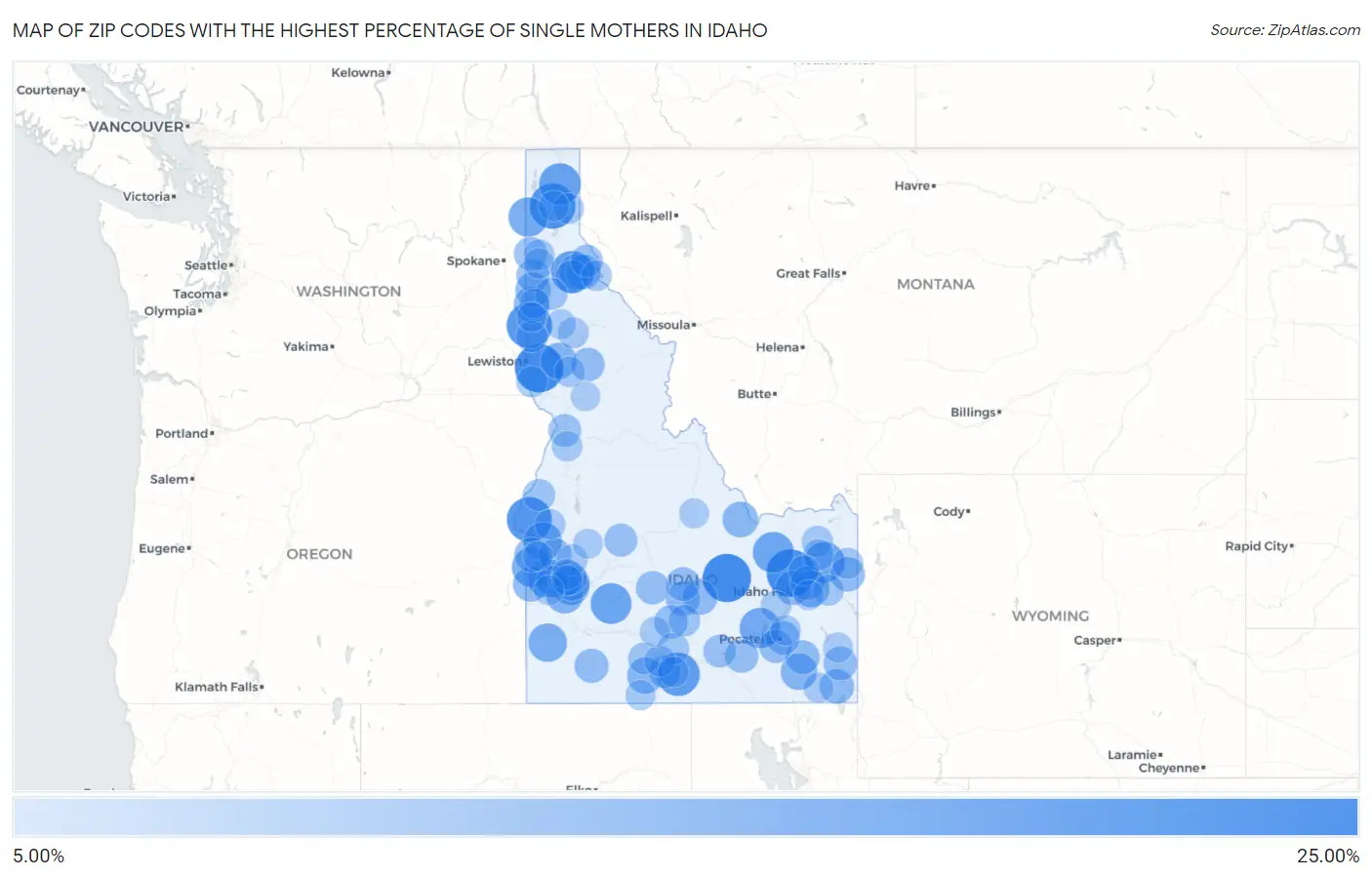 Zip Codes with the Highest Percentage of Single Mothers in Idaho Map