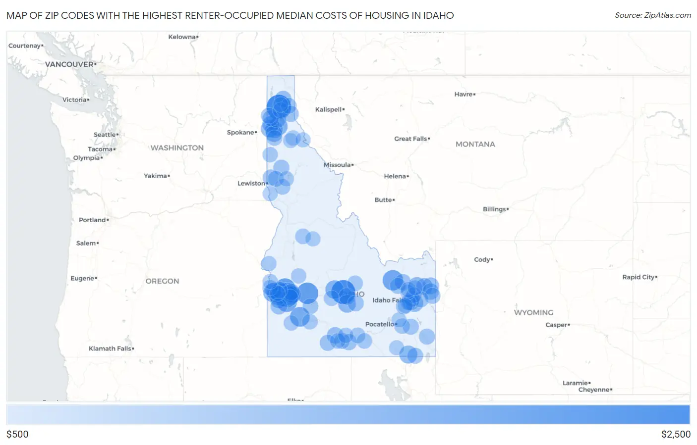 Zip Codes with the Highest Renter-Occupied Median Costs of Housing in Idaho Map