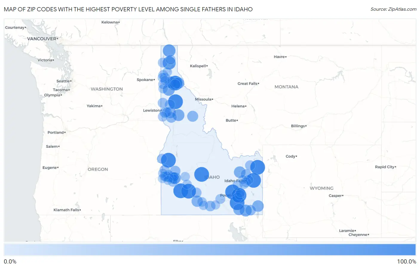 Zip Codes with the Highest Poverty Level Among Single Fathers in Idaho Map