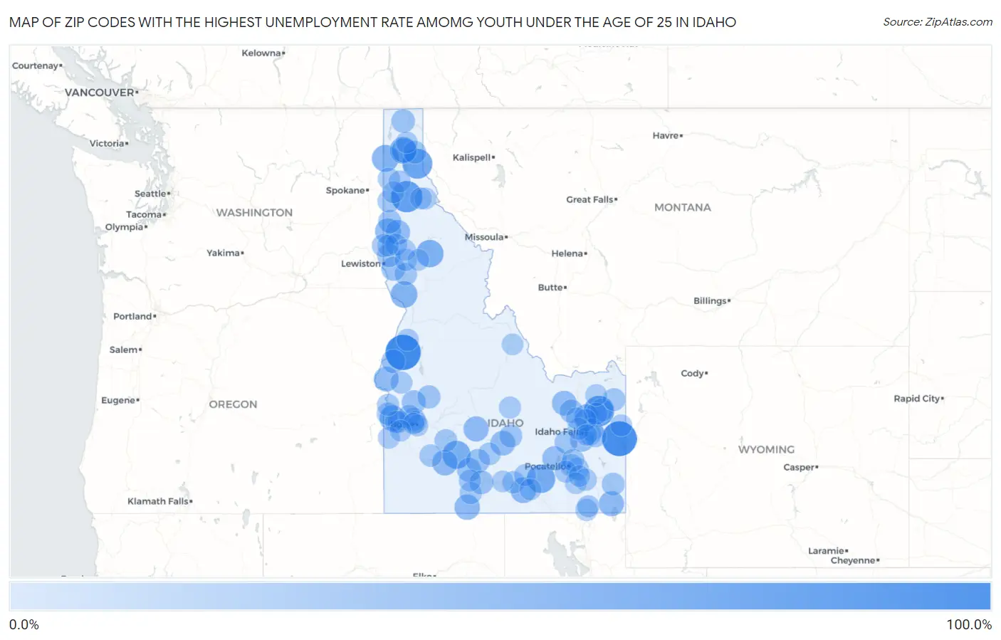 Zip Codes with the Highest Unemployment Rate Amomg Youth Under the Age of 25 in Idaho Map