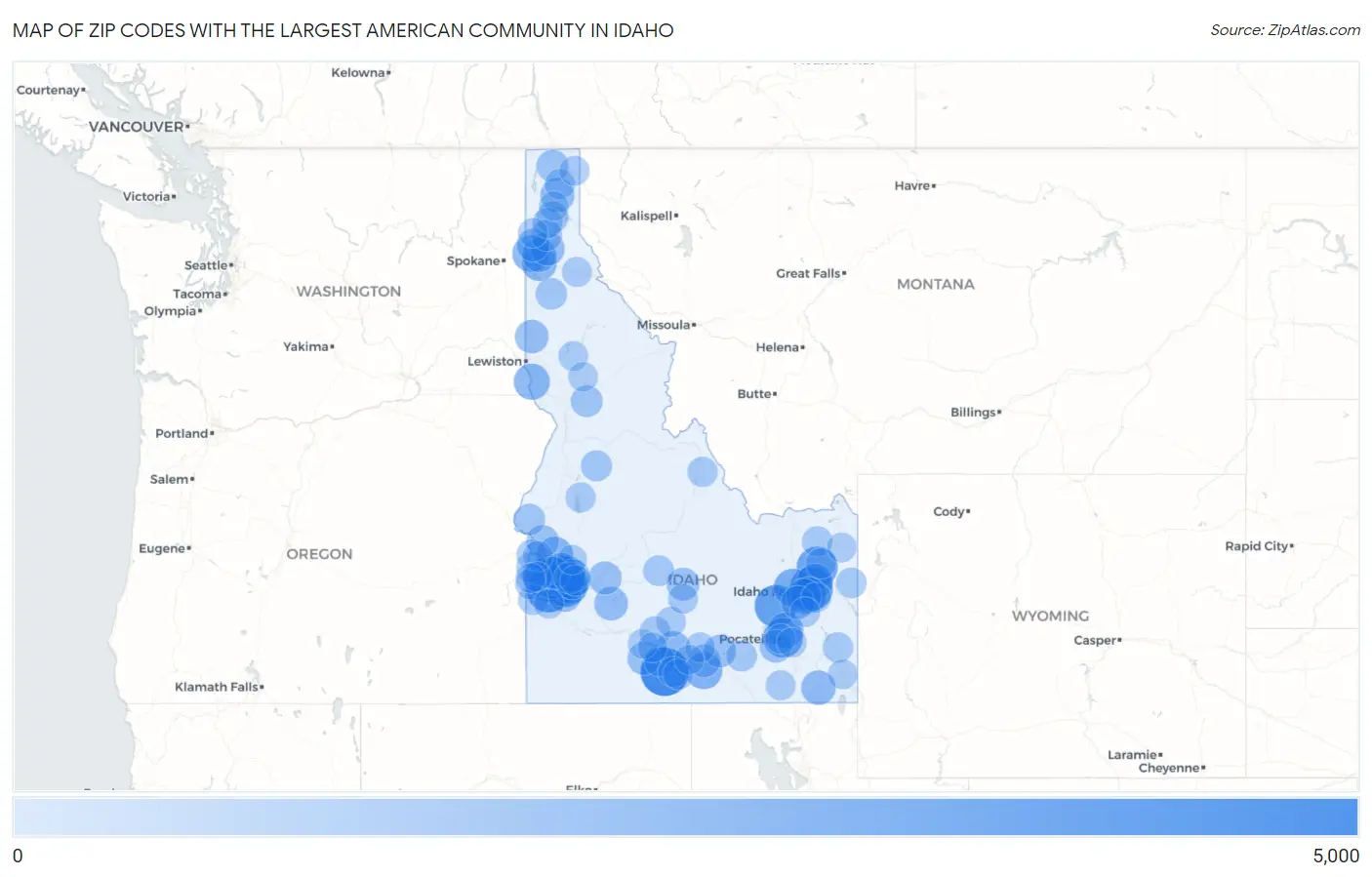 Zip Codes with the Largest American Community in Idaho Map