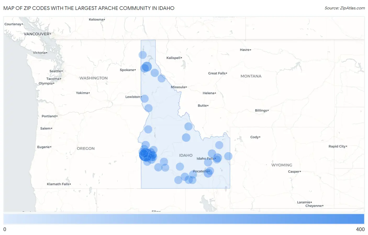 Zip Codes with the Largest Apache Community in Idaho Map