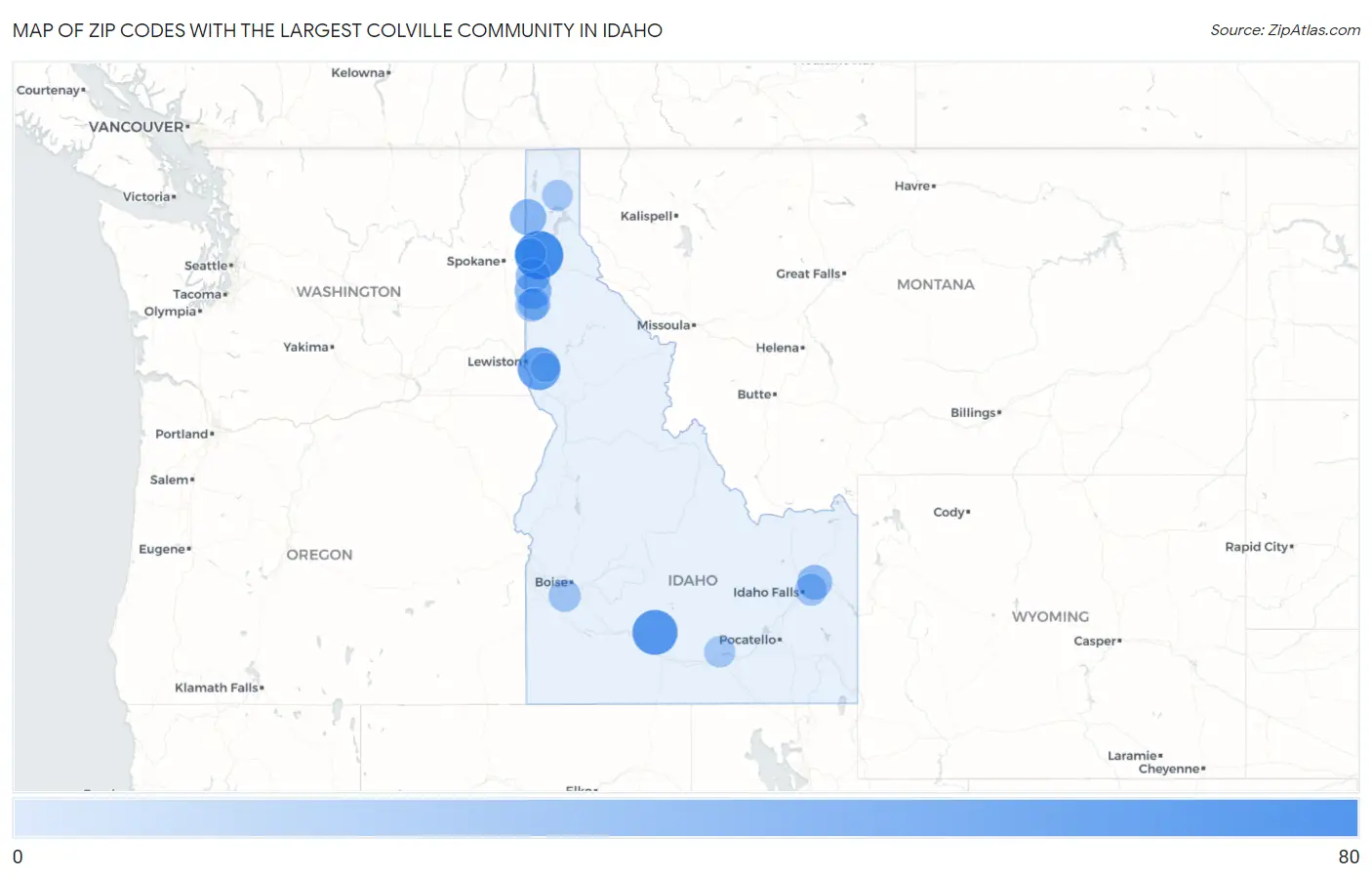 Zip Codes with the Largest Colville Community in Idaho Map