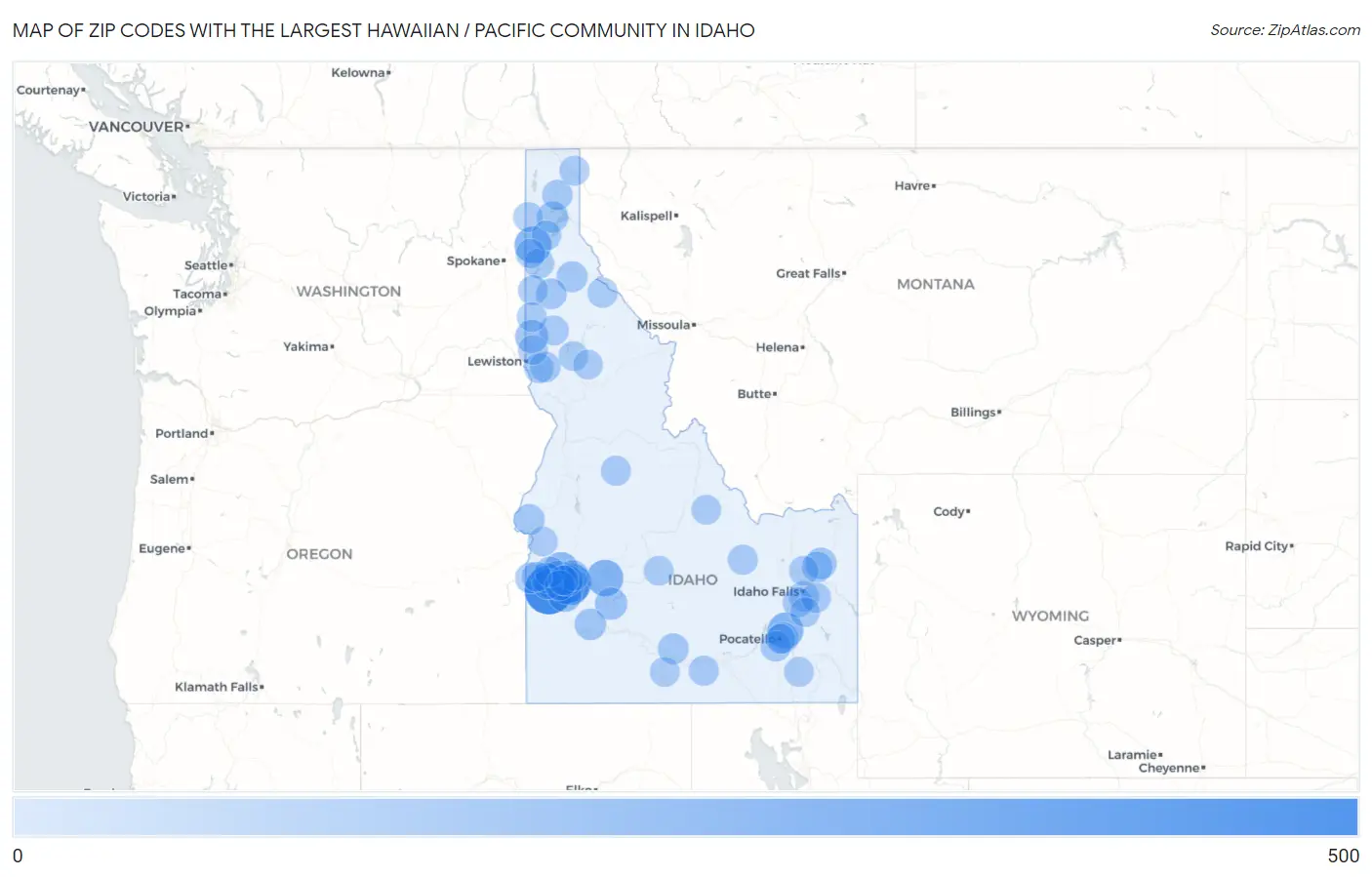 Zip Codes with the Largest Hawaiian / Pacific Community in Idaho Map