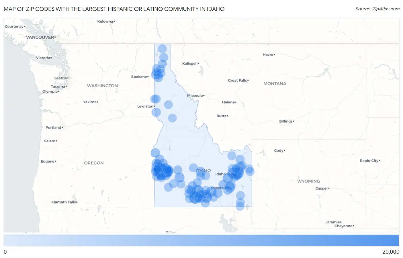 Zip Codes with the Largest Hispanic or Latino Community in Idaho Map