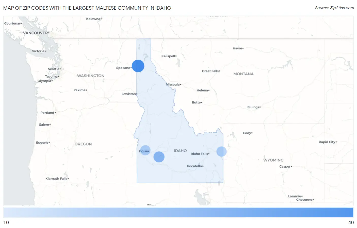 Zip Codes with the Largest Maltese Community in Idaho Map