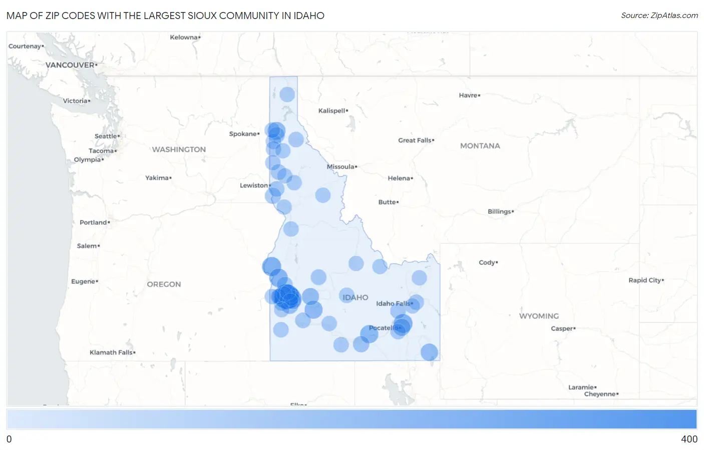 Zip Codes with the Largest Sioux Community in Idaho Map
