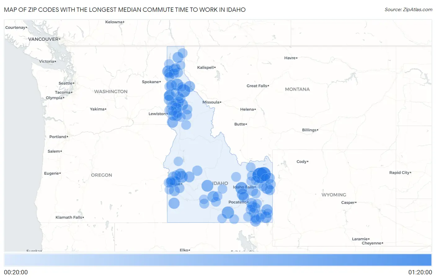 Zip Codes with the Longest Median Commute Time to Work in Idaho Map