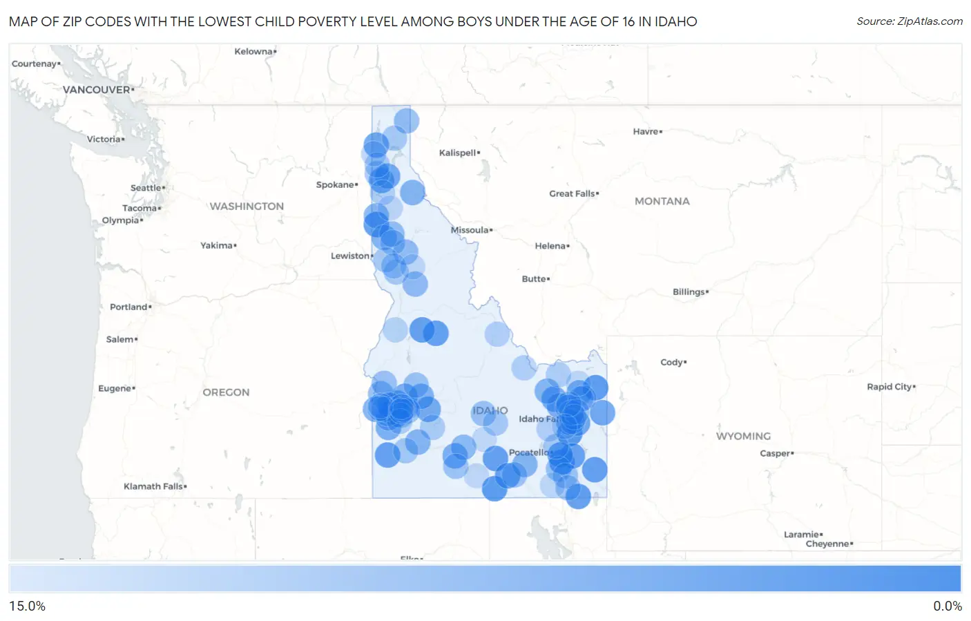 Zip Codes with the Lowest Child Poverty Level Among Boys Under the Age of 16 in Idaho Map