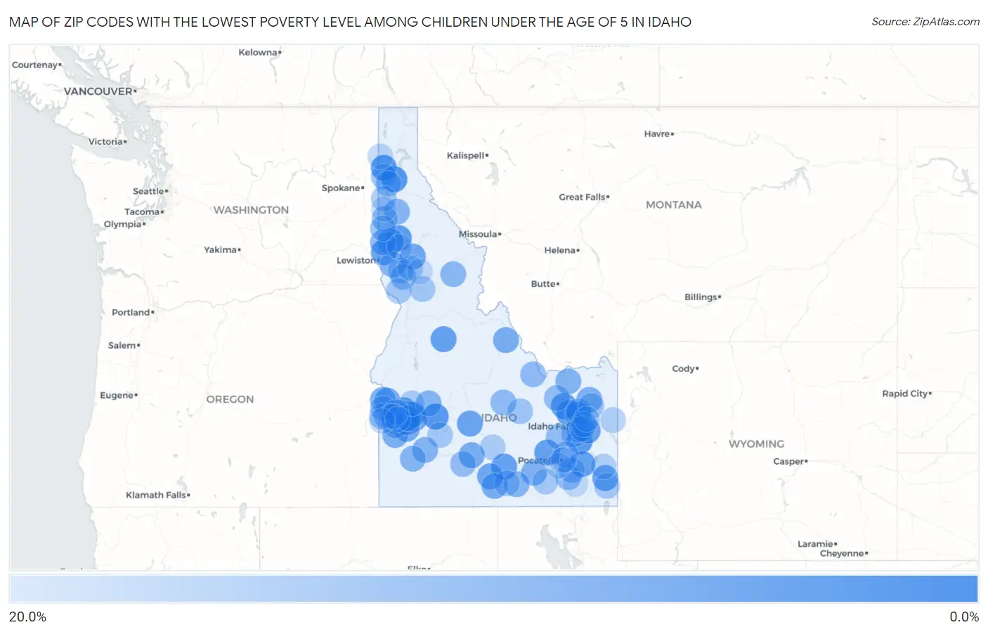 Zip Codes with the Lowest Poverty Level Among Children Under the Age of 5 in Idaho Map