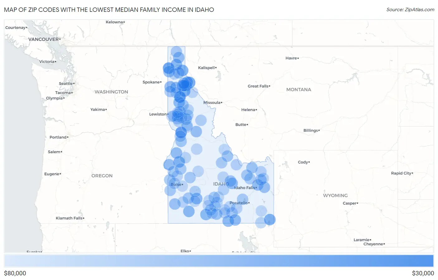 Zip Codes with the Lowest Median Family Income in Idaho Map