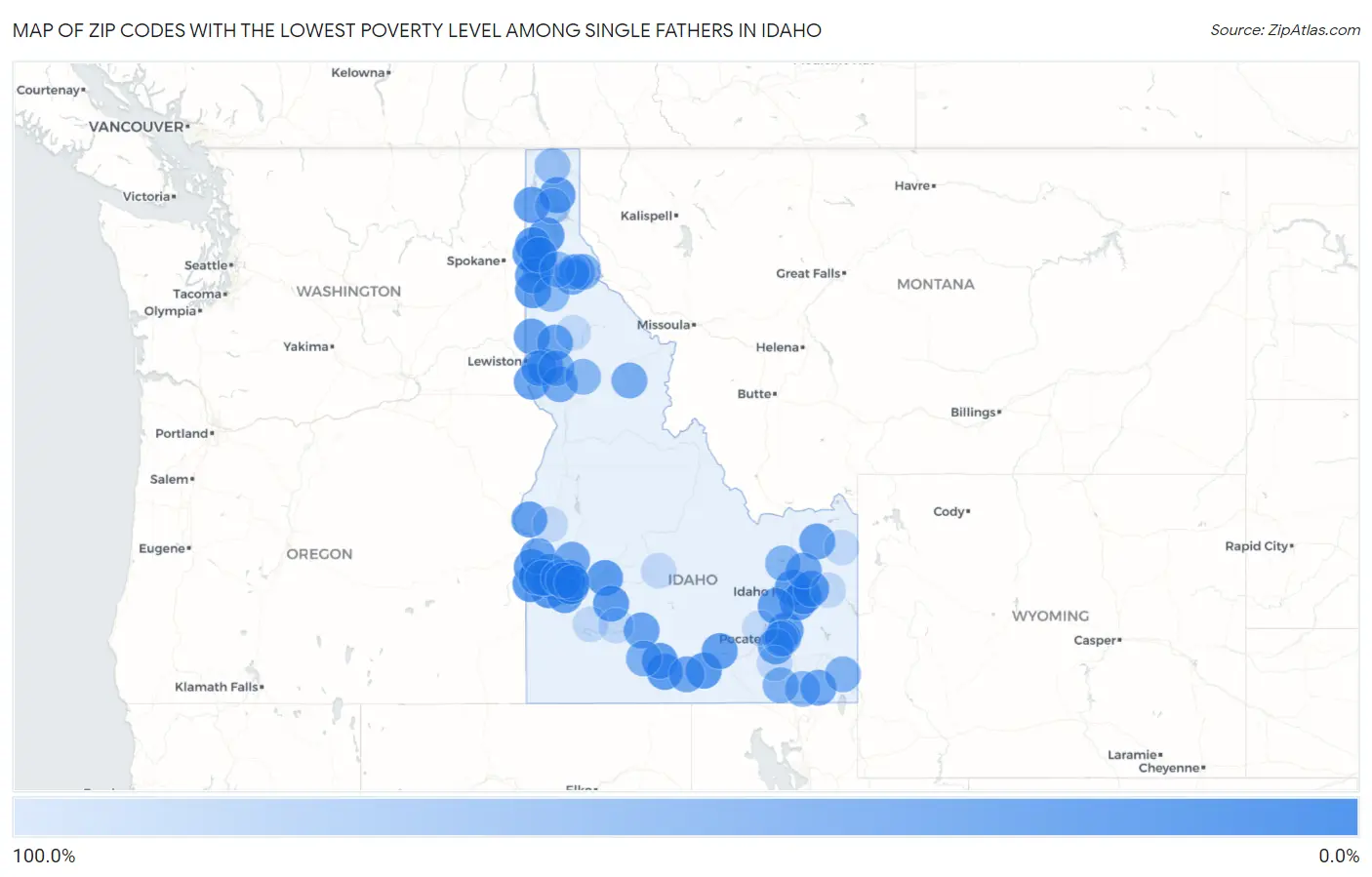 Zip Codes with the Lowest Poverty Level Among Single Fathers in Idaho Map