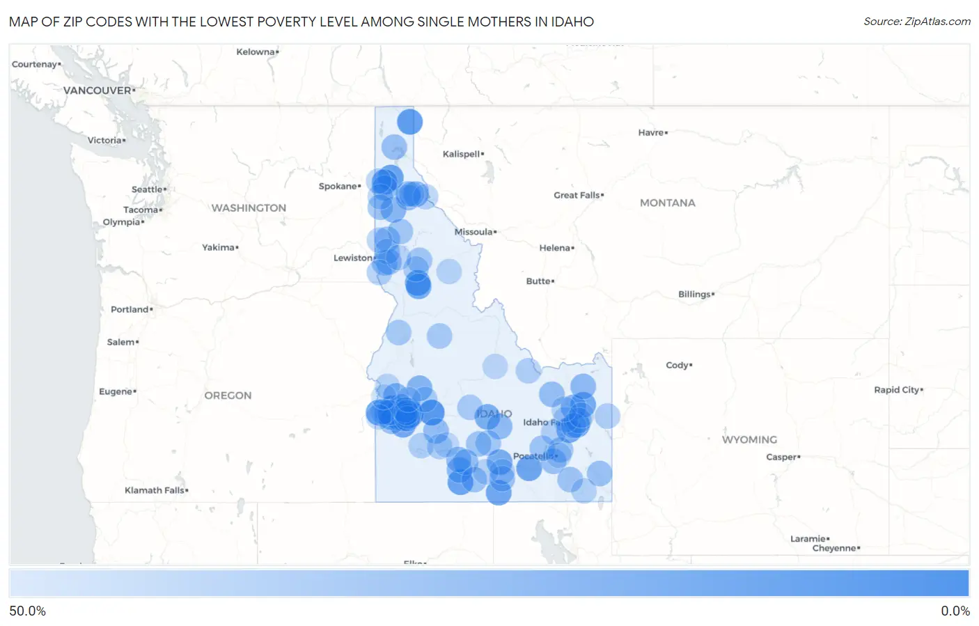 Zip Codes with the Lowest Poverty Level Among Single Mothers in Idaho Map