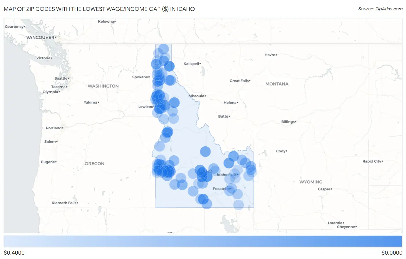 Zip Codes with the Lowest Wage/Income Gap ($) in Idaho Map