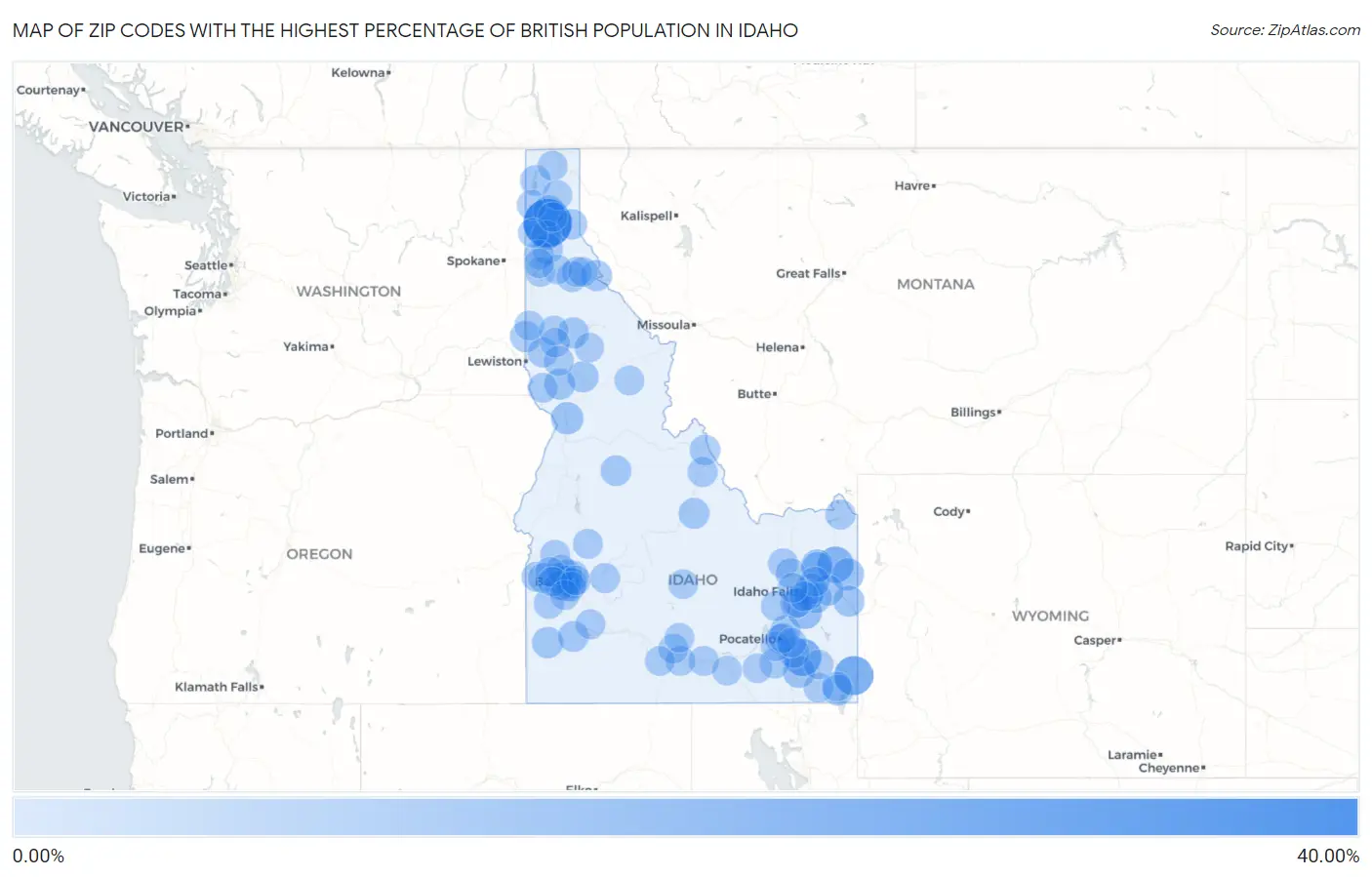 Zip Codes with the Highest Percentage of British Population in Idaho Map