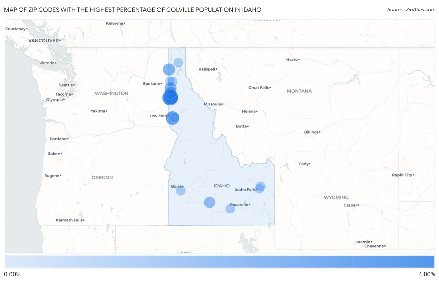 Zip Codes with the Highest Percentage of Colville Population in Idaho Map