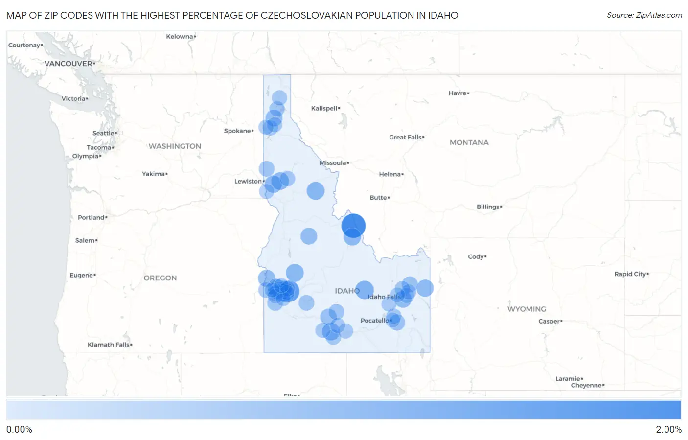 Zip Codes with the Highest Percentage of Czechoslovakian Population in Idaho Map
