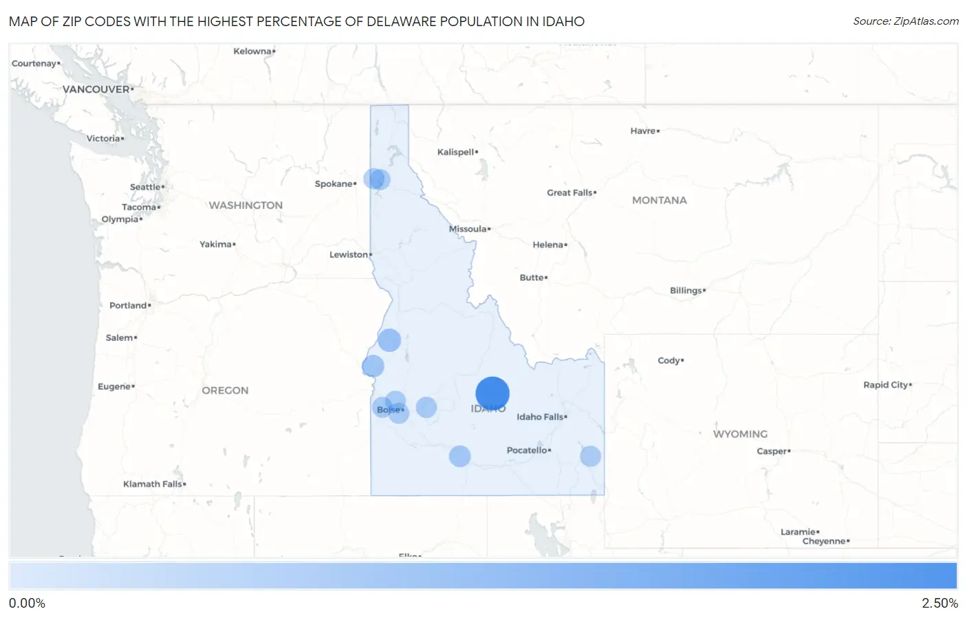 Zip Codes with the Highest Percentage of Delaware Population in Idaho Map