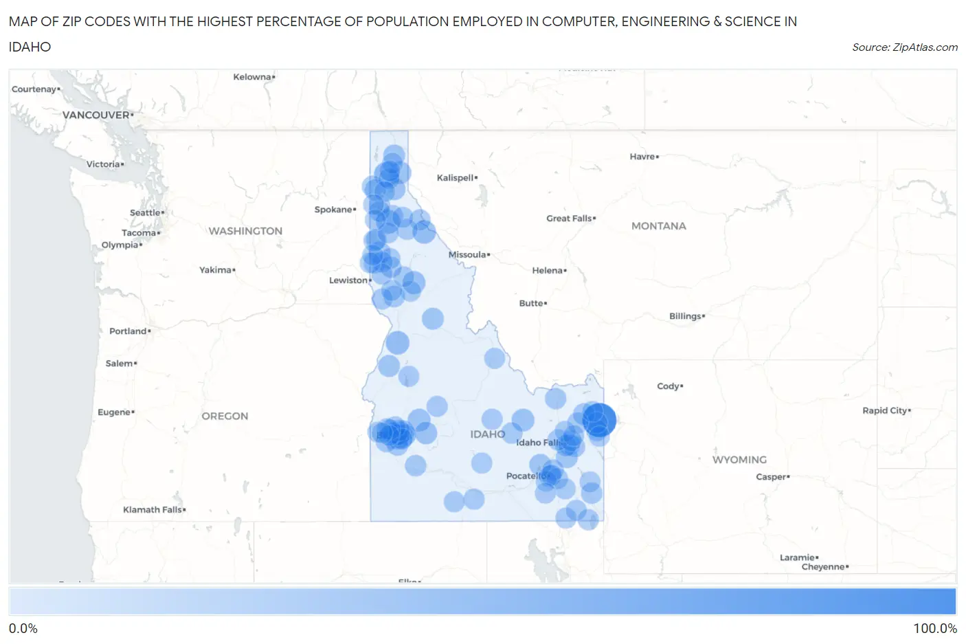 Zip Codes with the Highest Percentage of Population Employed in Computer, Engineering & Science in Idaho Map