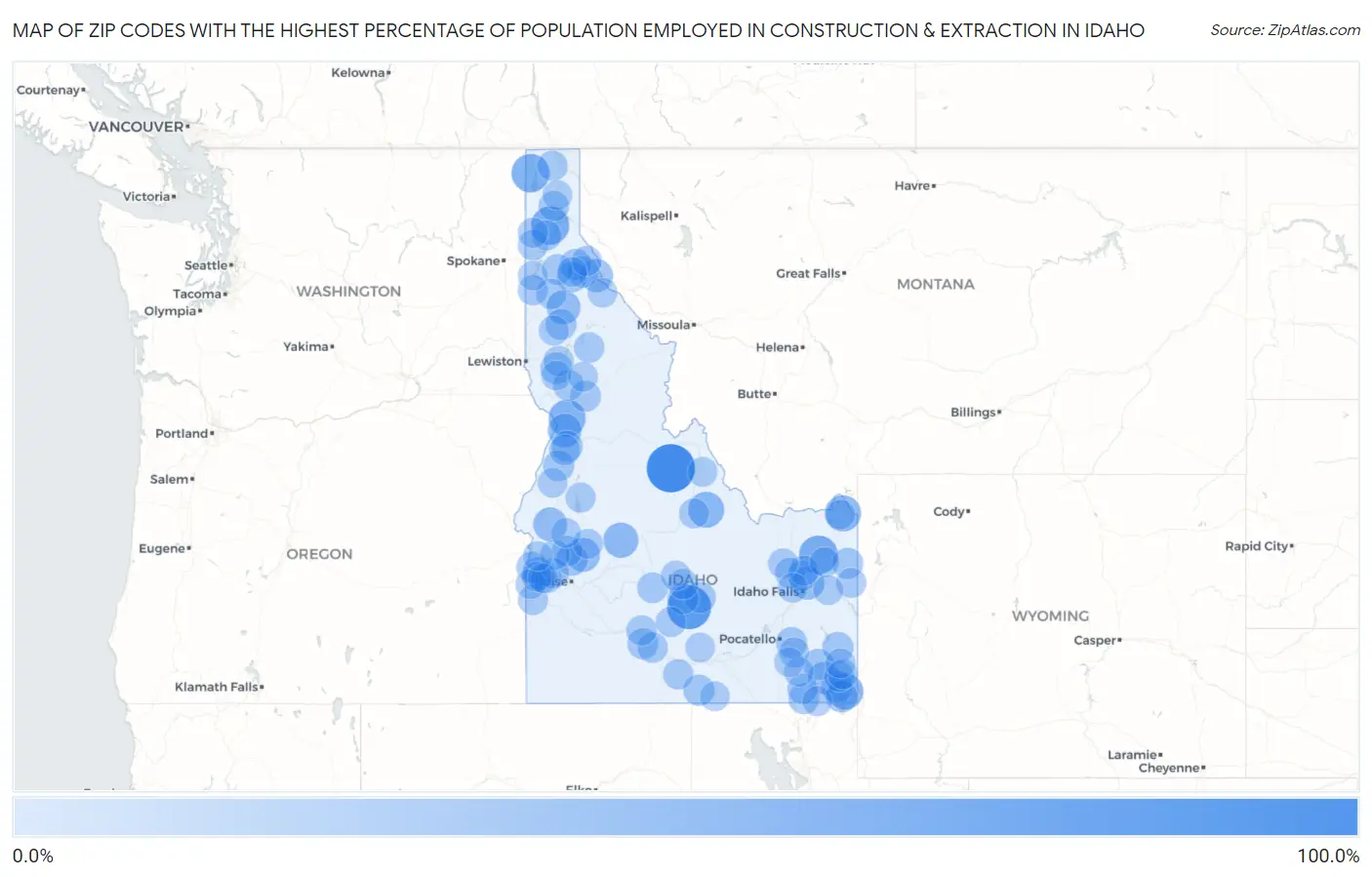 Zip Codes with the Highest Percentage of Population Employed in Construction & Extraction in Idaho Map
