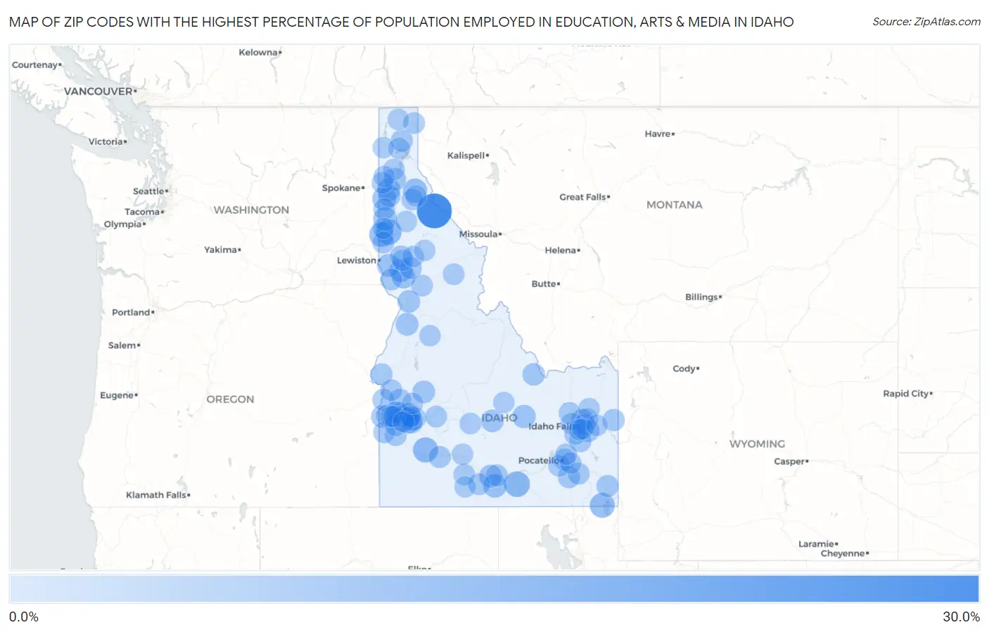Zip Codes with the Highest Percentage of Population Employed in Education, Arts & Media in Idaho Map