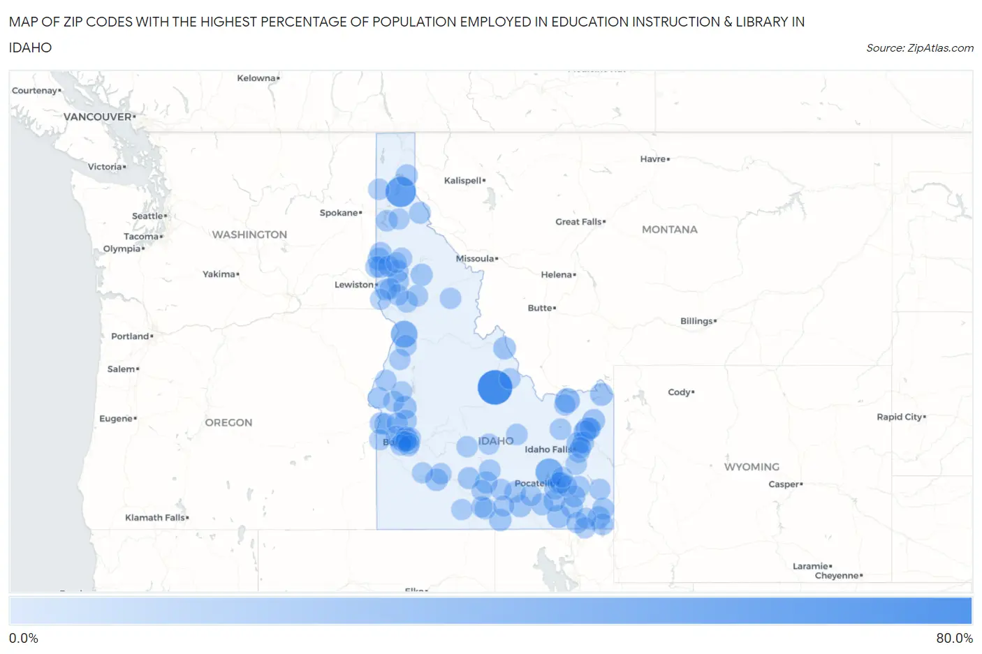 Zip Codes with the Highest Percentage of Population Employed in Education Instruction & Library in Idaho Map