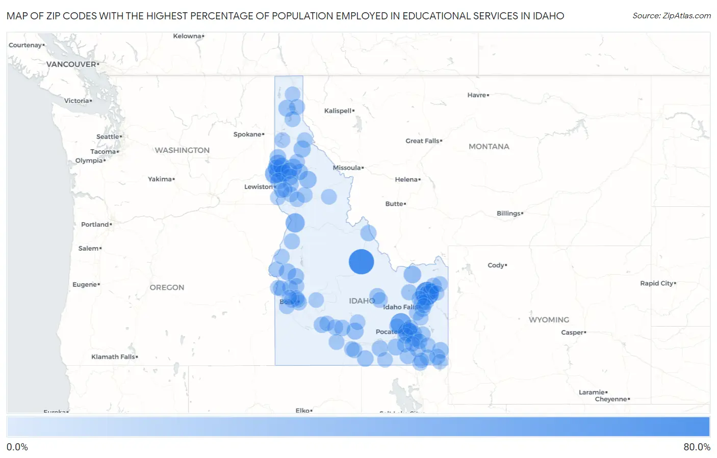 Zip Codes with the Highest Percentage of Population Employed in Educational Services in Idaho Map