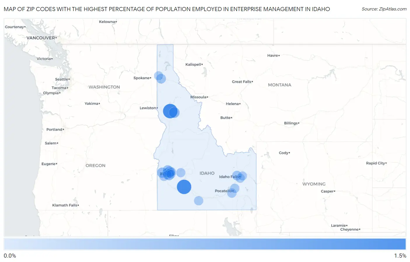 Zip Codes with the Highest Percentage of Population Employed in Enterprise Management in Idaho Map