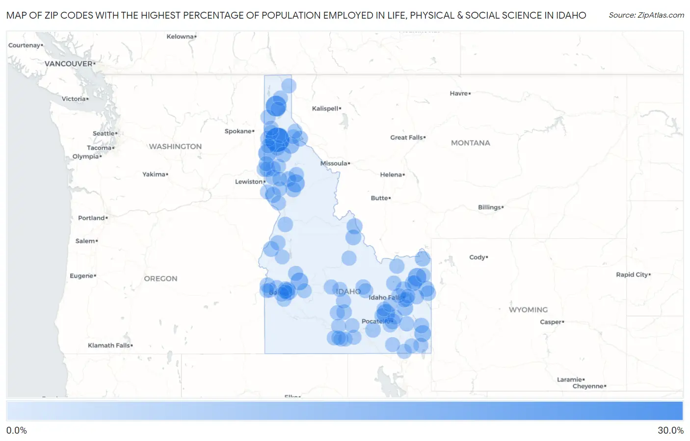 Zip Codes with the Highest Percentage of Population Employed in Life, Physical & Social Science in Idaho Map