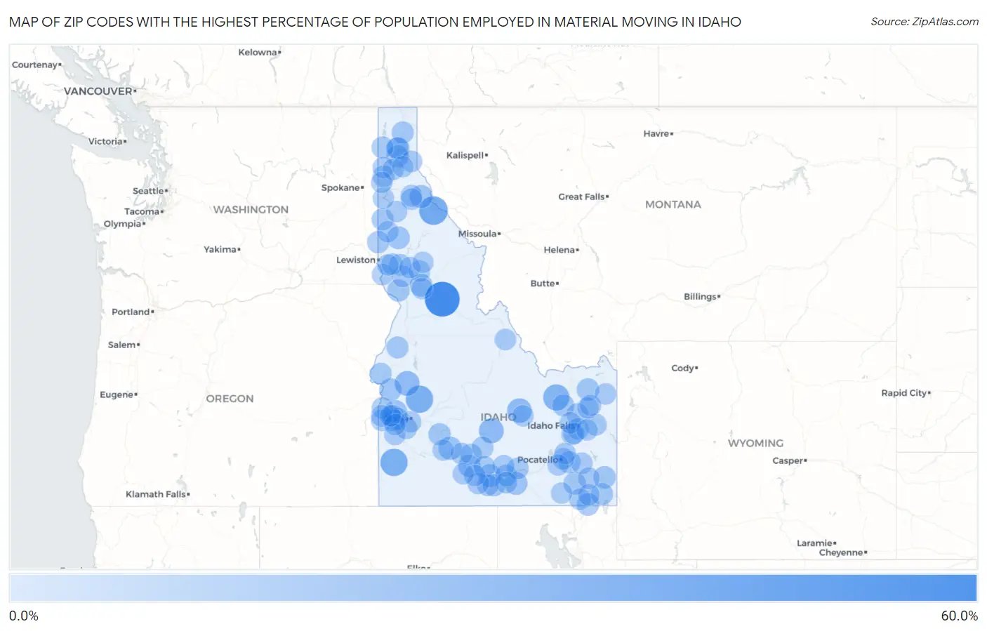 Zip Codes with the Highest Percentage of Population Employed in Material Moving in Idaho Map