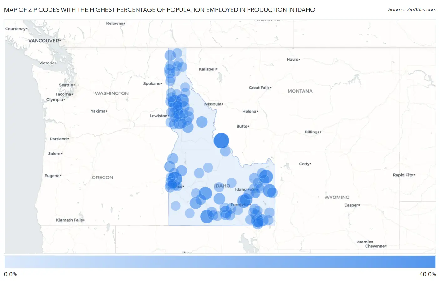 Zip Codes with the Highest Percentage of Population Employed in Production in Idaho Map