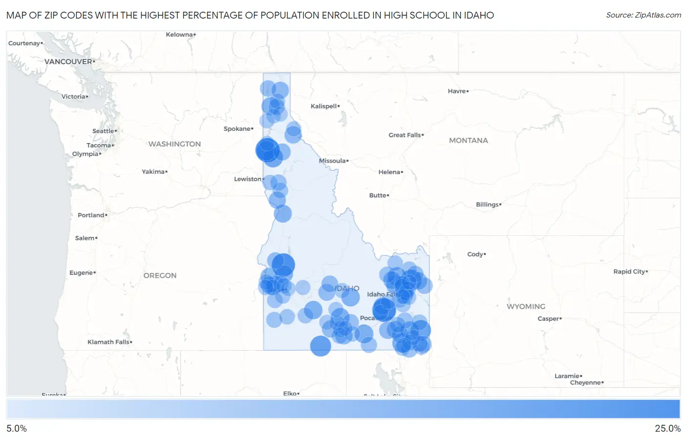 Zip Codes with the Highest Percentage of Population Enrolled in High School in Idaho Map