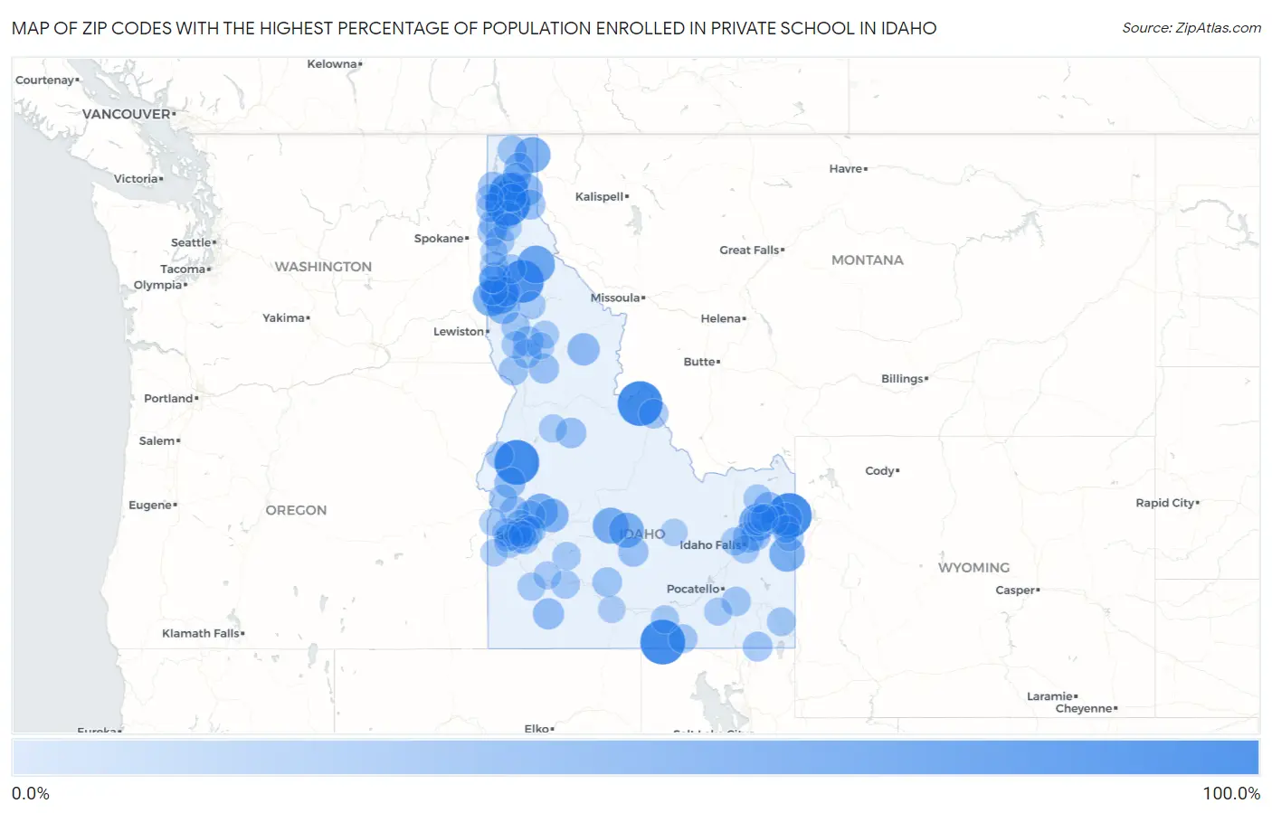 Zip Codes with the Highest Percentage of Population Enrolled in Private School in Idaho Map