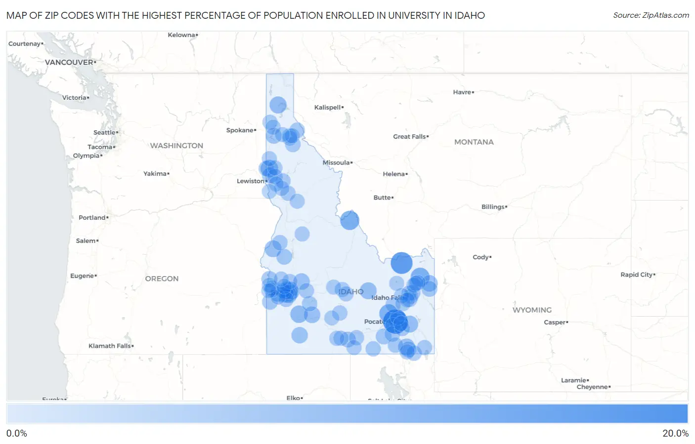 Zip Codes with the Highest Percentage of Population Enrolled in University in Idaho Map