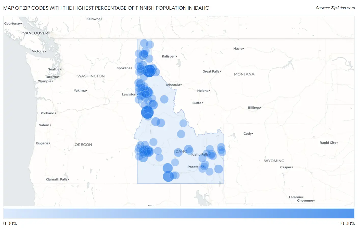Zip Codes with the Highest Percentage of Finnish Population in Idaho Map