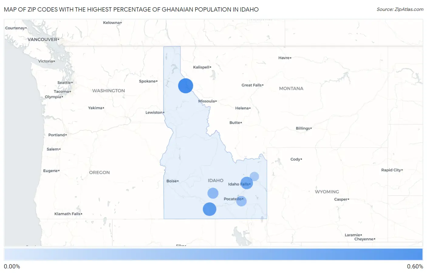 Zip Codes with the Highest Percentage of Ghanaian Population in Idaho Map