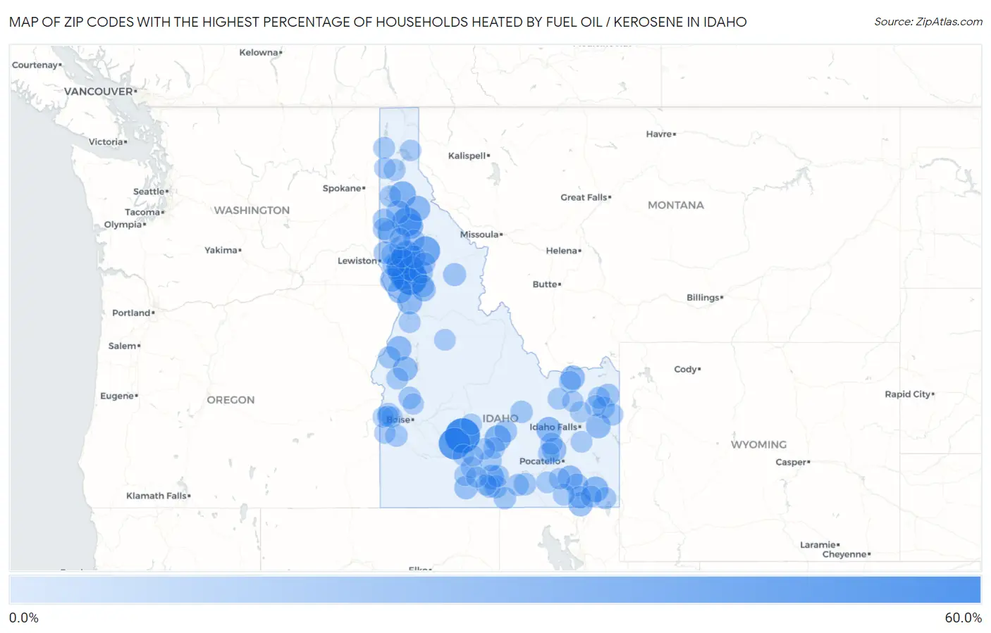 Zip Codes with the Highest Percentage of Households Heated by Fuel Oil / Kerosene in Idaho Map