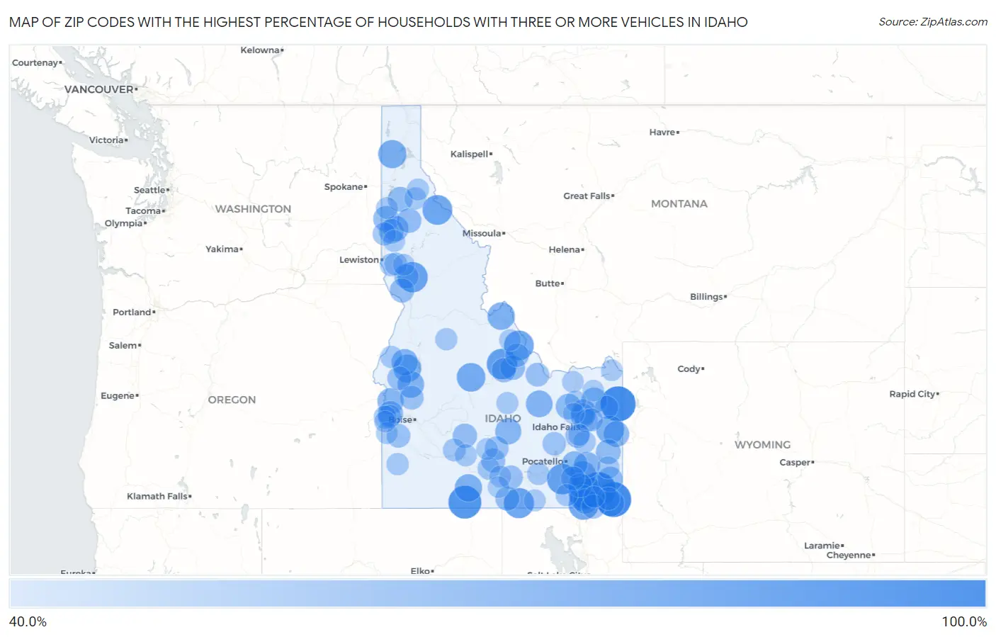 Zip Codes with the Highest Percentage of Households With Three or more Vehicles in Idaho Map