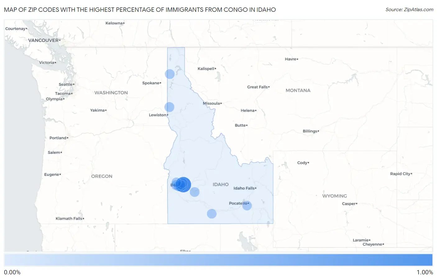 Zip Codes with the Highest Percentage of Immigrants from Congo in Idaho Map