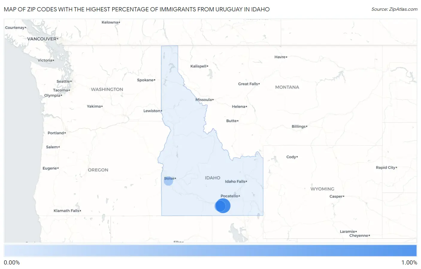 Zip Codes with the Highest Percentage of Immigrants from Uruguay in Idaho Map