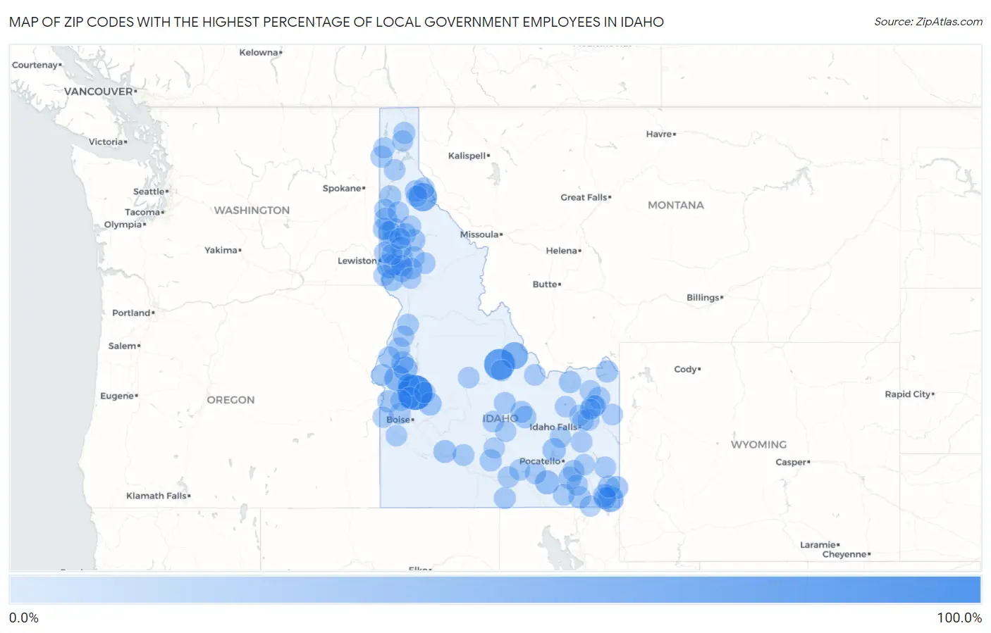 Zip Codes with the Highest Percentage of Local Government Employees in Idaho Map