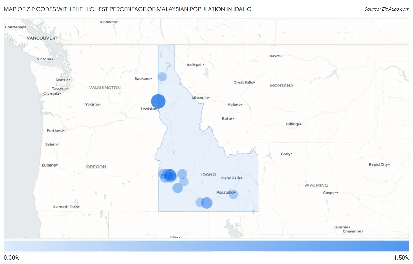 Zip Codes with the Highest Percentage of Malaysian Population in Idaho Map
